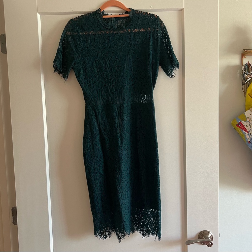 Remarkable Forest Green Sheer Lace Short Sleeve Mini Dress - Picture 7 of 10